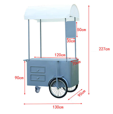 Chariot de poussée à la main pour la nourriture de rue 3 roues Chariot de chargement avec boîte de rangement pour la promotion de vente.