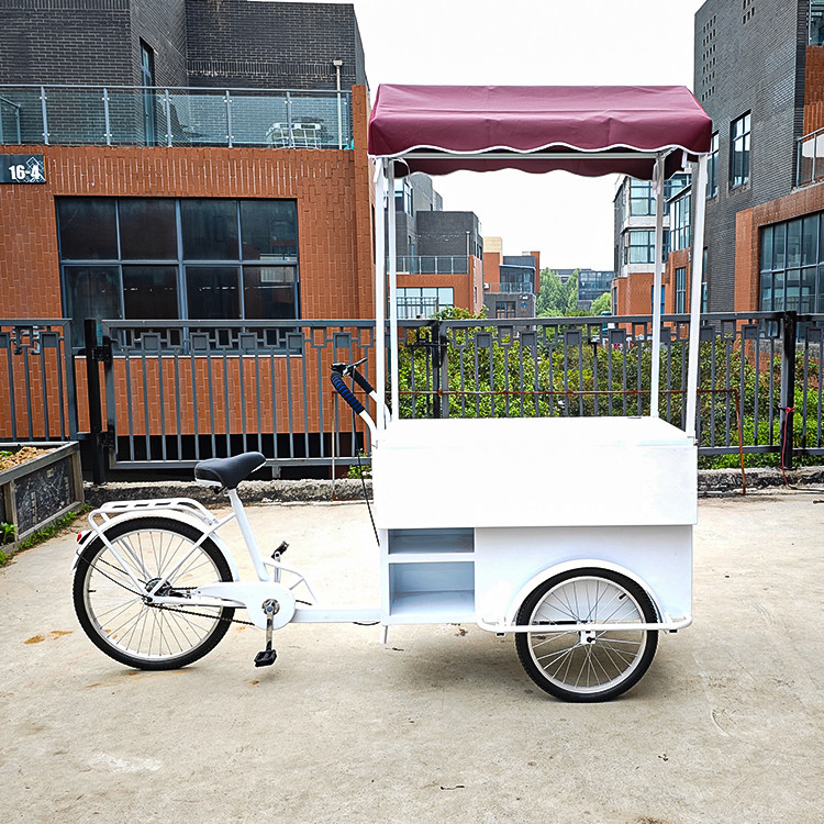 Tricycle de restauration rapide mobile en plein air avec congélateur de boissons froides et support technique vidéo